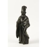 A JAPANESE BRONZE STANDING FIGURE OF A CONFUCIAN SCHOLAR wearing robes and traditional hat, late