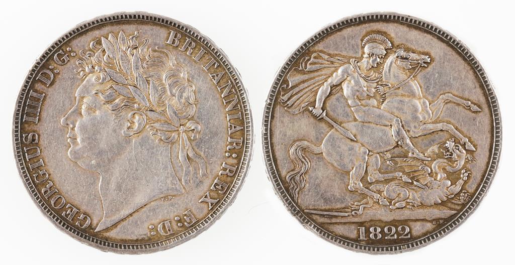 GEORGE IV. CROWN, 1822. Obv: Laureate head left. Rev: St George and Dragon. SECUNDO on edge. GVF. (1