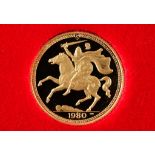 ELIZABETH II. ISLE OF MAN. PROOF SOVEREIGN, 1980. Obv: Bust right. Rev: St George and Dragon. In box