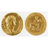 NERO, 54-68 AD. AV AUREUS. Obv: Laureate bust right. Rev: Concordia seated left holding patera and