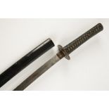 A JAPANESE KUTANA, with shagreen and bound handle, iron tsuba and lacquered scabbard, overall 85cm.