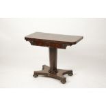 A REGENCY MAHOGANY FOLD TOP CARD TABLE, the rectangular top with rounded corners above a frieze with