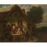 DUTCH SCHOOL, 19TH CENTURY Figures playing cards outside a tavern, oil on canvas, 19.25" x 23.25"