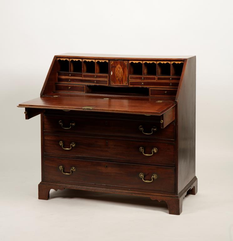 A GEORGE III MAHOGANY BUREAU, the sloping crossbanded fall enclosing a fitted interior, with a - Image 2 of 2