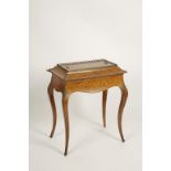 A VICTORIAN WALNUT AND MARQUETRY JARDINIERE with a removable rectangular lid with a central panel of