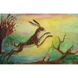 •SVEN BERLIN (1911-1999) "Hare Leaping", signed and dated 78/79 lower right, oil on board, 23" x