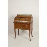 A DUTCH MARQUETRY CYLINDER FRONT BUREAU, the top with a rectangular marble panel, above a swept