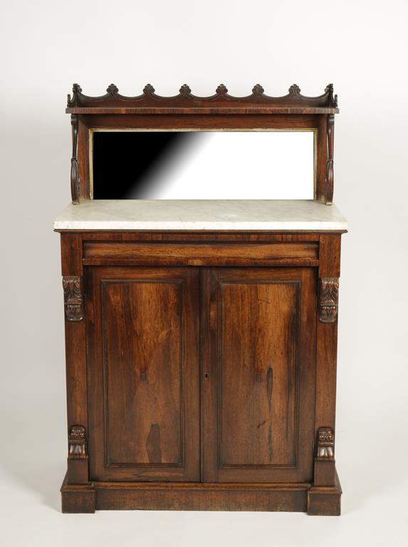 A REGENCY ROSEWOOD MARBLE TOP CHIFFONIER, the raised back with scrolling border above a shelf and