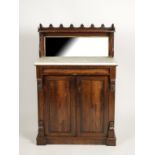 A REGENCY ROSEWOOD MARBLE TOP CHIFFONIER, the raised back with scrolling border above a shelf and