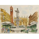 •DAVID GENTLEMAN (1930-) "Piazza Dellerbe, Verona", signed lower right, watercolour, pen and ink,