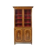 AN EDWARDIAN "ADAM REVIVAL" MAHOGANY, SATINWOOD AND MARQUETRY CABINET, the upper section with a