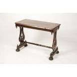 A VICTORIAN ROSEWOOD CENTRE TABLE, the rectangular top with a swept border on twin lyre-shaped