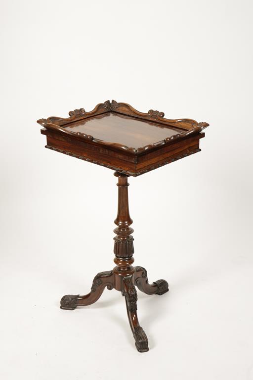 IN THE MANNER OF GILLOWS: A REGENCY ROSEWOOD WORK TABLE, the rectangular top with carved scrolling