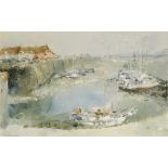 •ROBERT FREAME (contemporary) "The Cobb, Lyme REgis", signed lower left, artists label and Minstrels