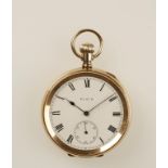 ELGIN: A GENTLEMAN'S OPEN FACED YELLOW METAL POCKET WATCH,