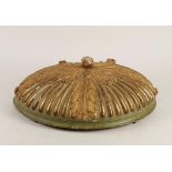 A CONTINENTAL CARVED GREEN PAINTED AND GILT CEILING BOSS