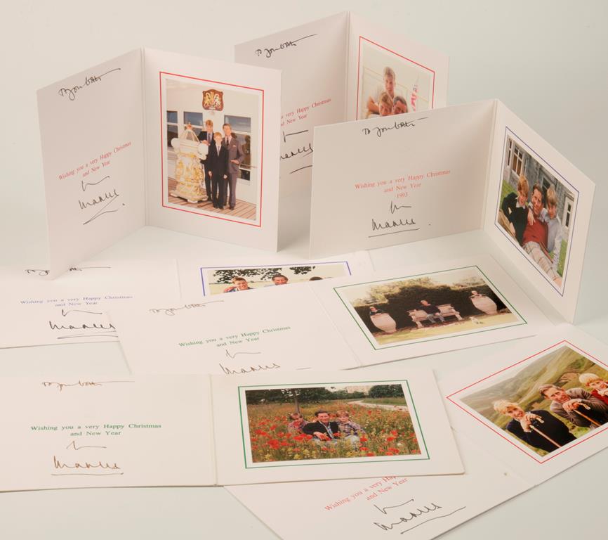 HRH PRINCE OF WALES: SIGNED CHRISTMAS CARDS, with embossed ciphers to cover and photograph to