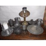 A COLLECTION OF PEWTER AND SIMILAR METALWARE including: a "Students" lamp with shade, and other