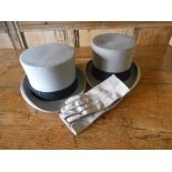 A GREY SILK TOP HAT by AJ White, another similar and a pair of gloves (3)