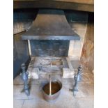 A LARGE SPARK GUARD, a pair of 17th century style andirons and other fireplace items, the guard