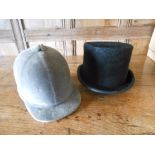 A LADIES GREY RIDING HAT and a similar black top hat (2)