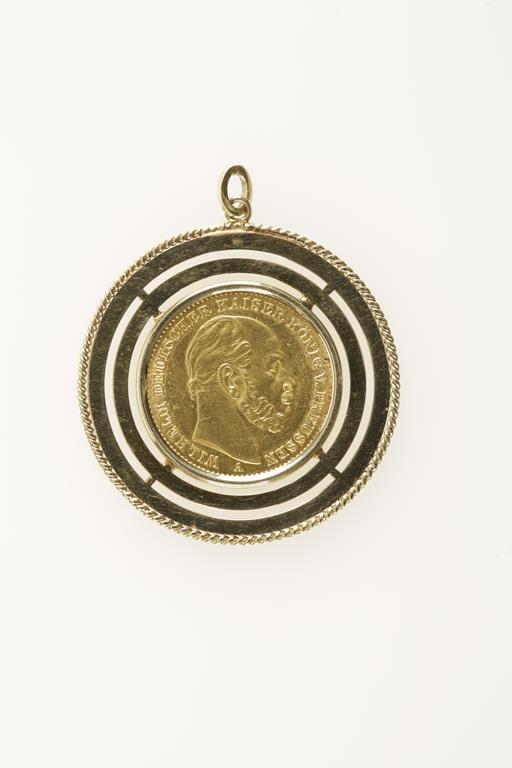 A GERMAN STATES PRUSSIAN 20 MARK 1888 contained in a 14ct yellow gold pendant