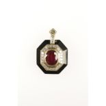 A RUBY, DIAMOND AND ONYX PENDANT