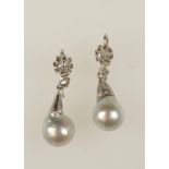 A PAIR OF CULTURED PEARL AND DIAMOND EARRINGS