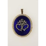 A DIAMOND, SEED PEARL AND GUILLOCHE ENAMELLED PENDANT