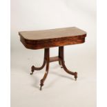 A REGENCY MAHOGANY AND EBONY STRUNG FOLD TOP CARD TABLE