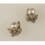 A PAIR OF NATURAL SALT WATER PEARL AND DIAMOND EARRINGS