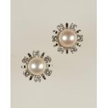A PAIR OF CULTURED PEARL AND DIAMOND EAR STUDS