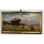 A 19TH CENTURY OIL ON CANVAS SCENE OF A CORNFIELD BY THE SEA, the stretcher inscribed 'Edwin