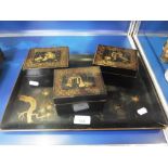 A JAPANESE LACQUER TRAY and three lacquered boxes containing an assortment of mother-of-pearl