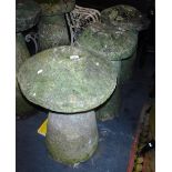 THREE STADDLE STONES ON CIRCULAR BASES (all with damage) the largest 29" high