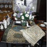 AN ORIENTAL VASE CONTAINING SILK FLOWERS, a hand-worked rug and a similar runner