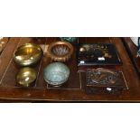 AN ORIENTAL LACQUERED BOX, a carved box and four brass and copper bowls