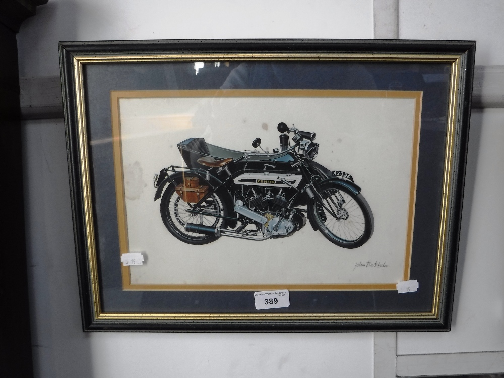 JOHN BACHELOR: A watercolour painting of a Zenith Motorbike and Sidecar