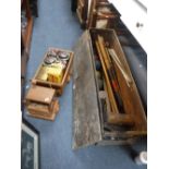 A VINTAGE CROQUET SET in a wooden box (examine) a large wooden toy truck and two folding garden