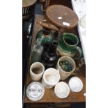 A CAST IRON STAND, a collection of vintage bottles, marbles and sundries