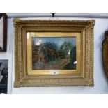 A VICTORIAN OIL ON BOARD PAINTING OF A COUNTRY LANE WITH COTTAGES in heavy gilt frame