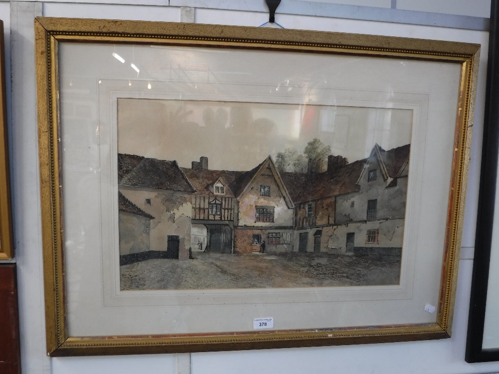 A 19TH CENTURY WATERCOLOUR OF AN INN YARD with rear inscription 'Edward Charles Pococke, 1846-