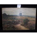 HAROLD GOLATHWAIT: A late 19th century oil on board landscape with a girl walking towards a