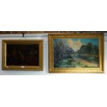 A VICTORIAN OIL ON CANVAS LANDSCAPE WITH RIVER and an interior scene with men smoking pipes