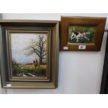 A MODERN OIL ON CANVAS HUNTING SCENE, indistinctly signed 'Tom N...' (?) and another similar of