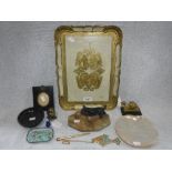 A SMALL QUANTITY OF ASSORTED ITEMS including a hardstone ashtray mounted with a 'Scottie' dog