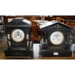 A 19TH CENTURY SLATE CASED MANTEL CLOCK OF ARCHITECTURAL FORM and another similar, both with visible