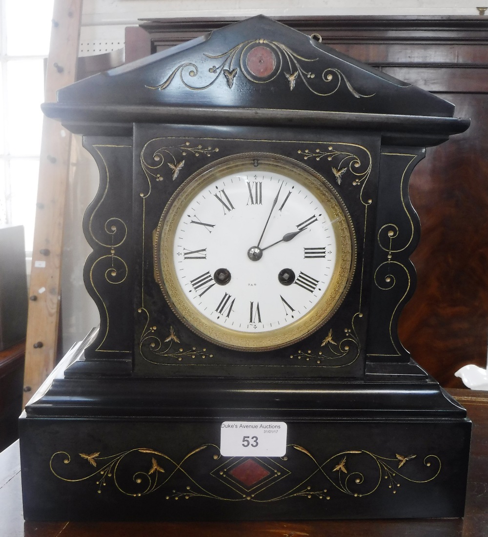 A 19TH CENTURY SLATE CASED MANTEL CLOCK (key and pendulum in office)
