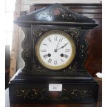 A 19TH CENTURY SLATE CASED MANTEL CLOCK (key and pendulum in office)