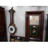 A 19TH CENTURY AMERICAN 'O.G' WALL CLOCK with painted glass panel and an oak cased dial barometer (
